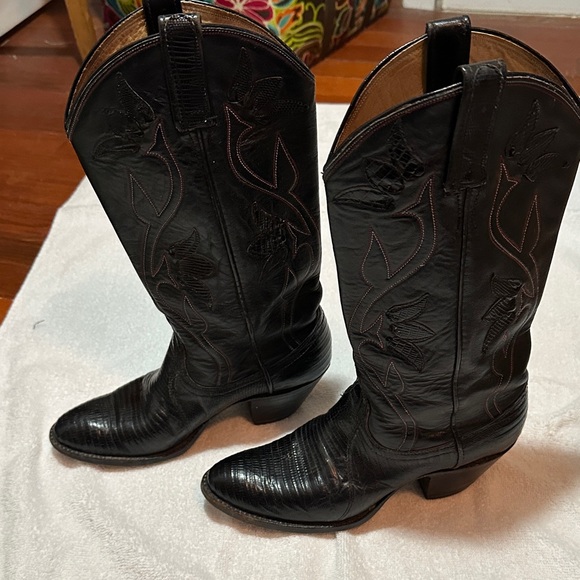 Dan Post Women Black Leather and Lizard Cowboy Boots - Picture 2 of 8